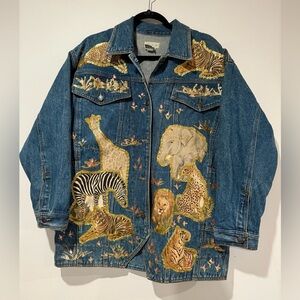 VTG OOAK Jordache Custom Embellished Jean Jacket Animal Safari Gold Metallic 90s